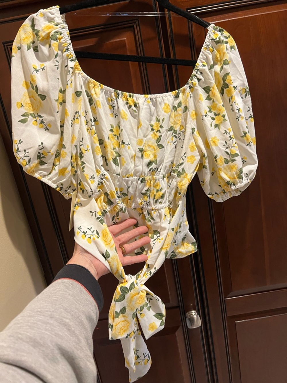 NWT Pie In The Sky White Yellow Floral Puff Sleeve Waist Tie Wrap - L - Picture 5 of 8